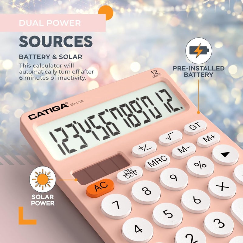 CATIGA 12 Digit Desktop Calculator Basic Desk Calculator with Large LCD Display, Big Buttons, 4 Function, Solar and Battery Dual Power, for Office, School, Home, SD-1292 Pink - Image 5